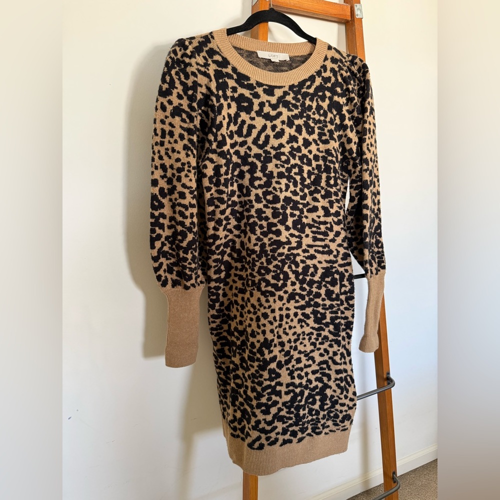 LOFT Leopard Print Long Sleeve Dress - Black and Tan